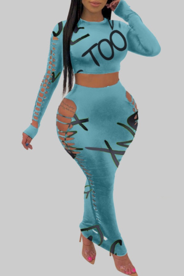 

Lovely Casual O Neck Letter Print Baby Blue Plus Size Two-piece Skirt Set