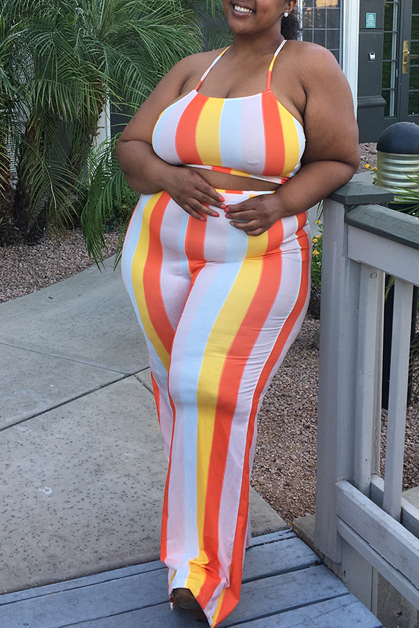 

Lovely Casual Striped Orange Plus Size Two-piece Pants Set