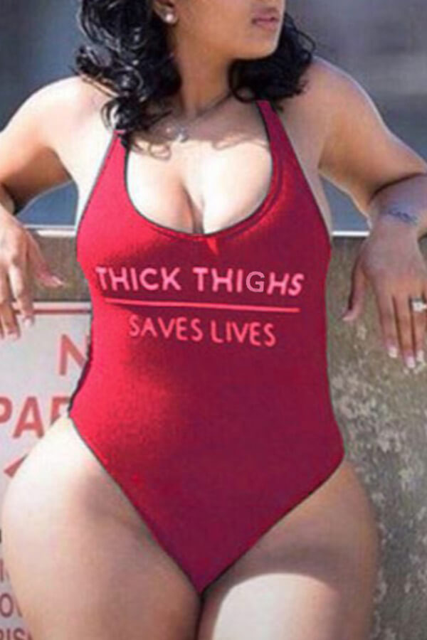 

Lovely Plus Size Letter Red One-piece Swimsuit