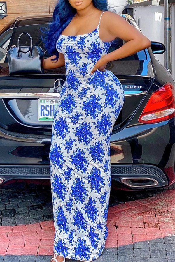 

lovely Bohemian Print Deep Blue Maxi Dress