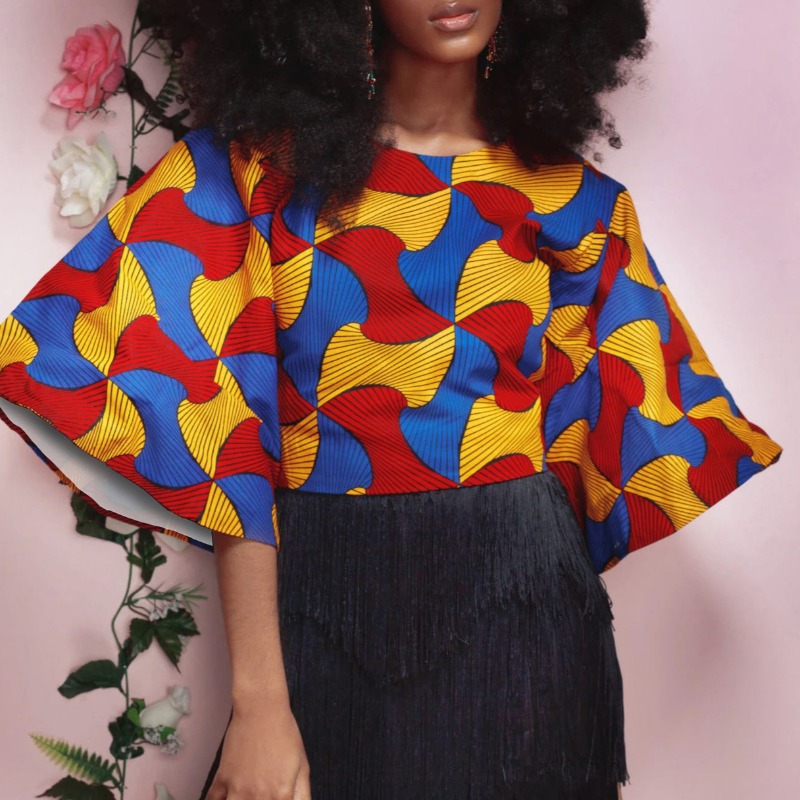 

lovely Bohemian Print Hollow-out Blue Blouse