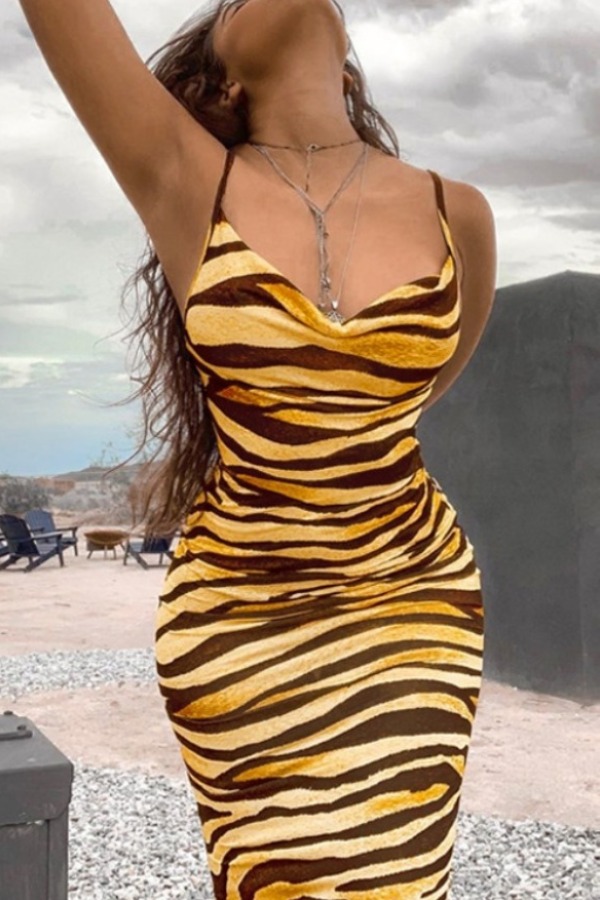 

lovely Sexy Striped Print Yellow Ankle Length Dress