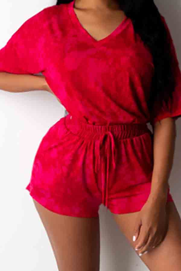 

lovely Casual V Neck Lace-up Red Two-piece Shorts Set
