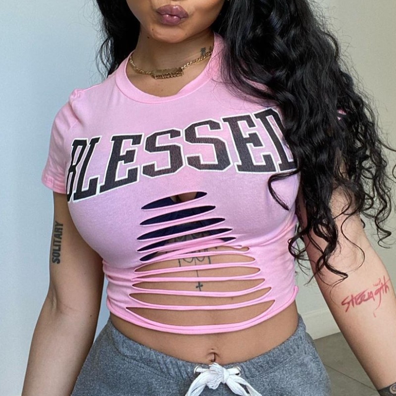 

lovely Casual O Neck Letter Hollow-out Pink Blouse