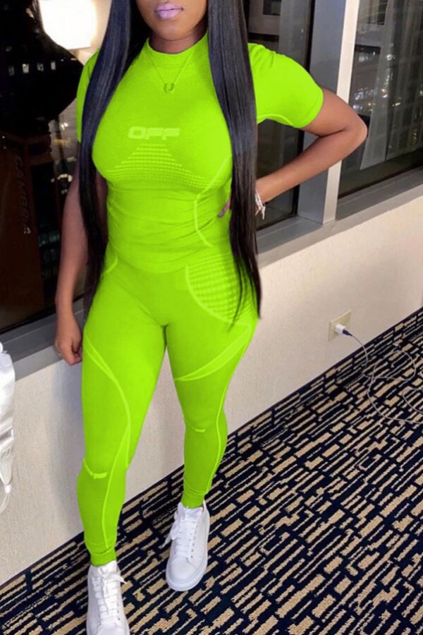 

lovely Casual O Neck Patchwork Green Two-piece Pants Set