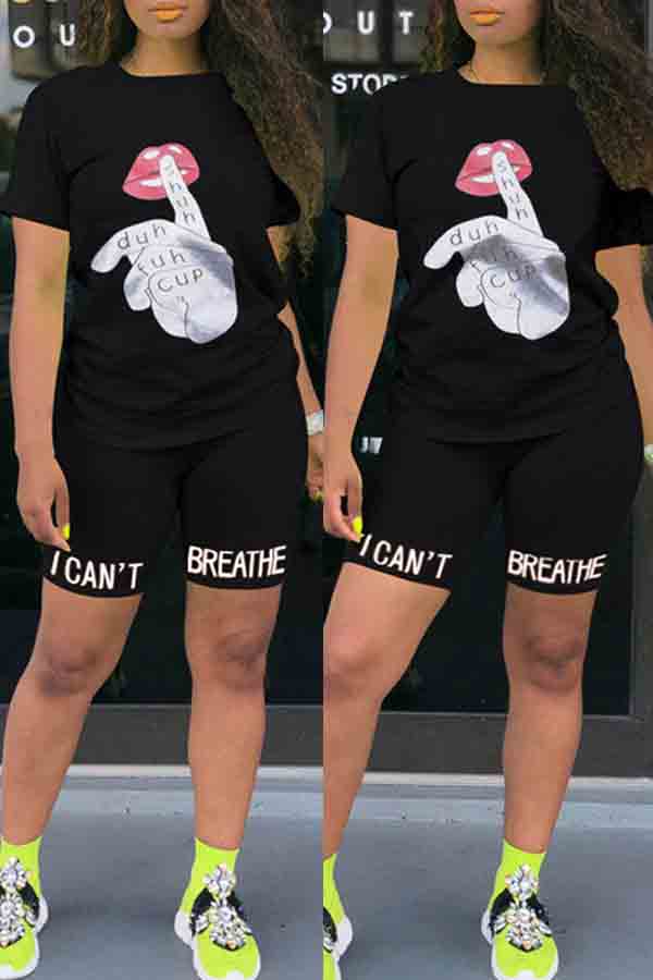 

lovely Leisure O Neck Print Black Two-piece Shorts Set