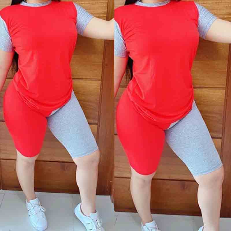 

lovely Casual O Neck Patchwork Red Two-piece Shorts Set