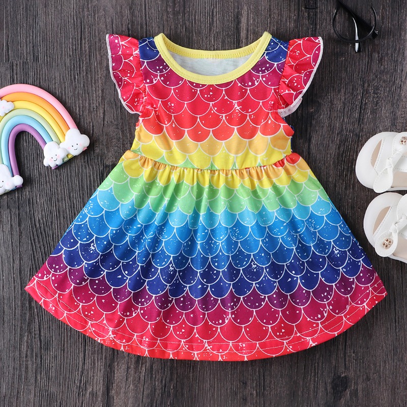 

lovely Trendy O Neck Print Multicolor Girl Knee Length Dress, Multi
