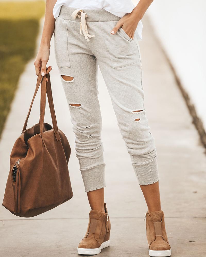 

lovely Casual Broken Holes Grey Pants