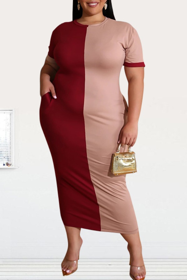 

lovely Casual Patchwork Wine Red Ankle Length Plus Size Dress