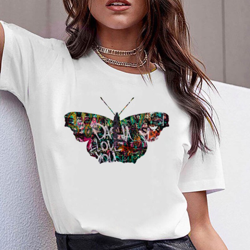 

lovely Casual O Neck Butterfly Print White Plus Size T-shirt