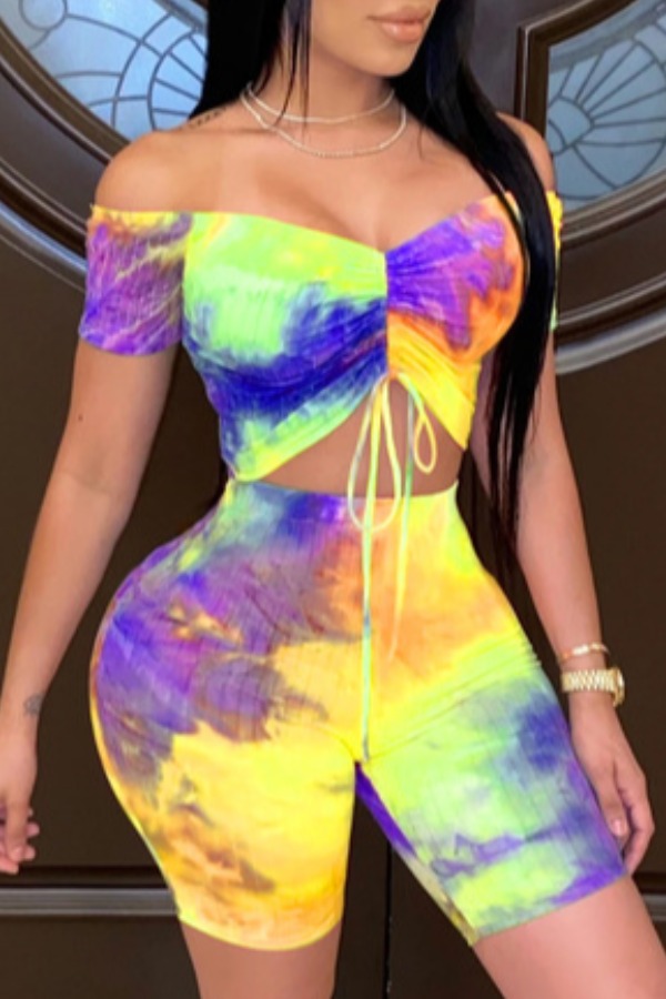 

lovely Trendy Tie-dye Fold Design Yellow Plus Size Two-piece Shorts Set