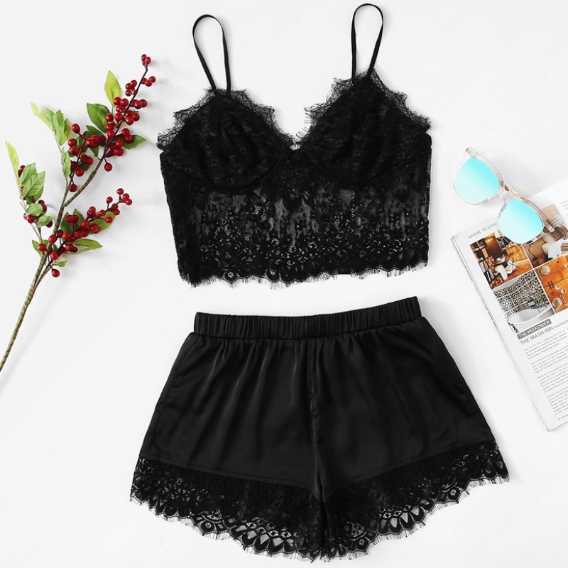 

lovely Sexy Lace Hem Black Sleepwear