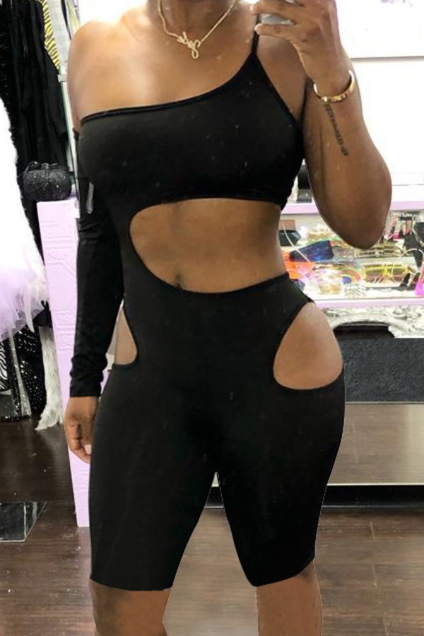 

Lovely Sexy One Shoulder Hollow-out Black One-piece Romper