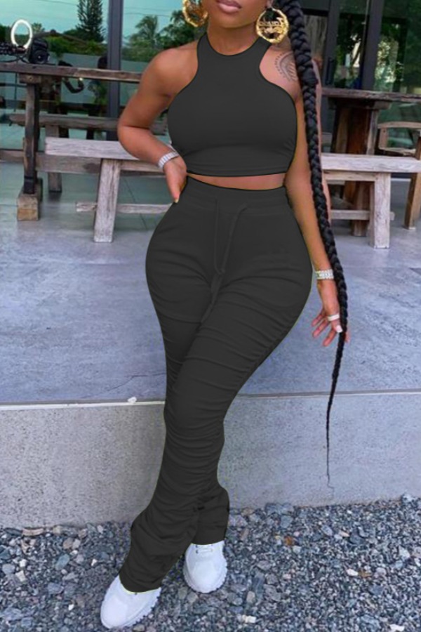

Lovely Stylish Fold Design Black Two-piece Pants Set