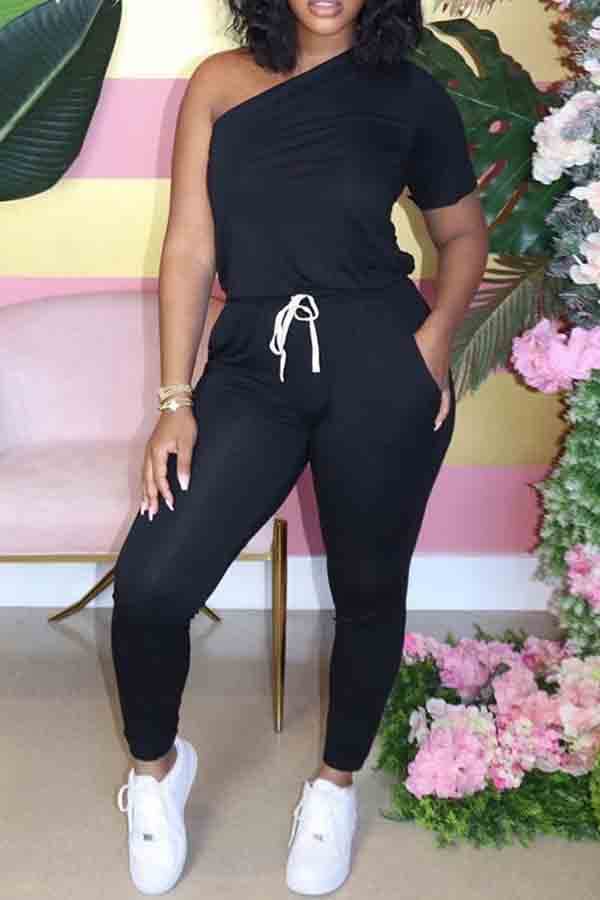 

LW Casual One Shoulder Lace-up Black Two-piece Pants Set
