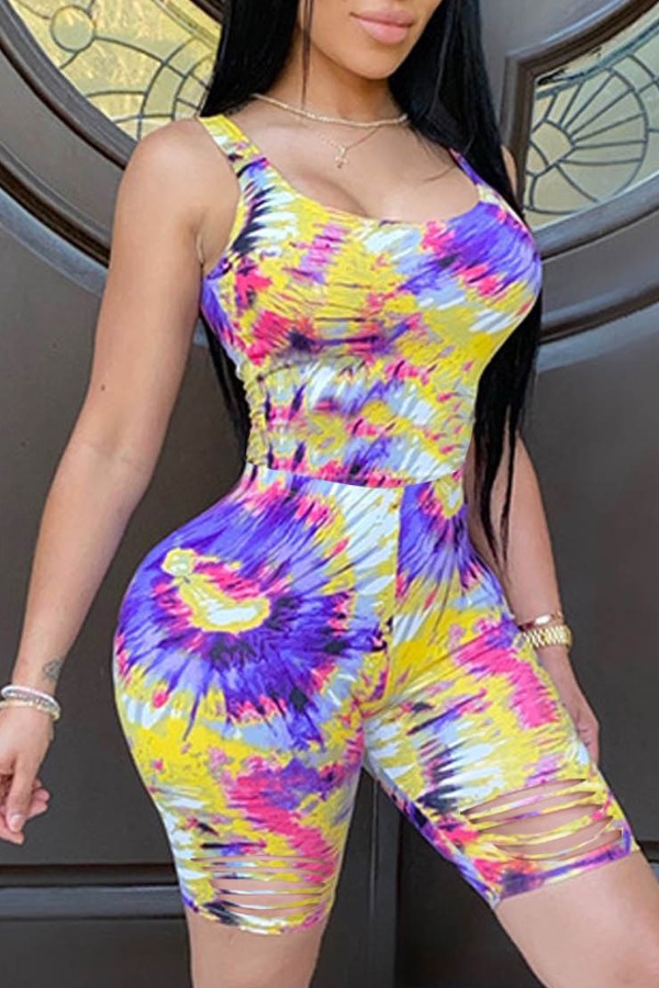 

lovely Stylish U Neck Tie-dye Yellow One-piece Romper