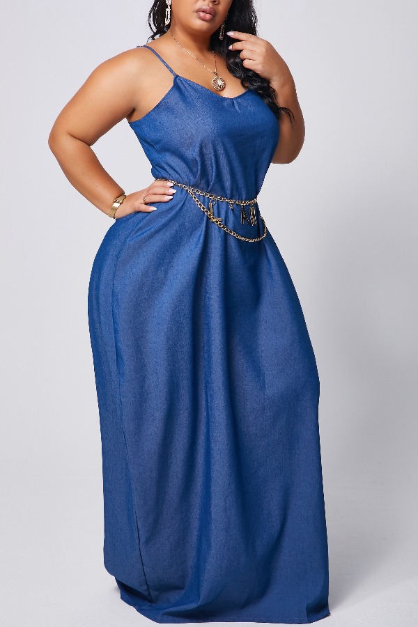 

lovely Stylish V Neck Deep Maxi Plus Size Blue Denim Dress, Deep blue