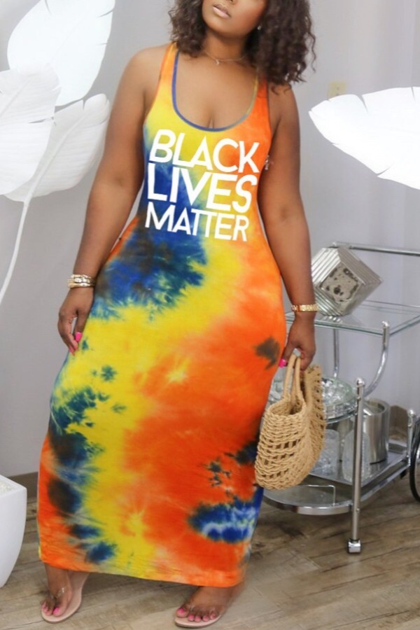 

lovely Stylish U Neck Tie-dye Orange Ankle Length Plus Size Dress