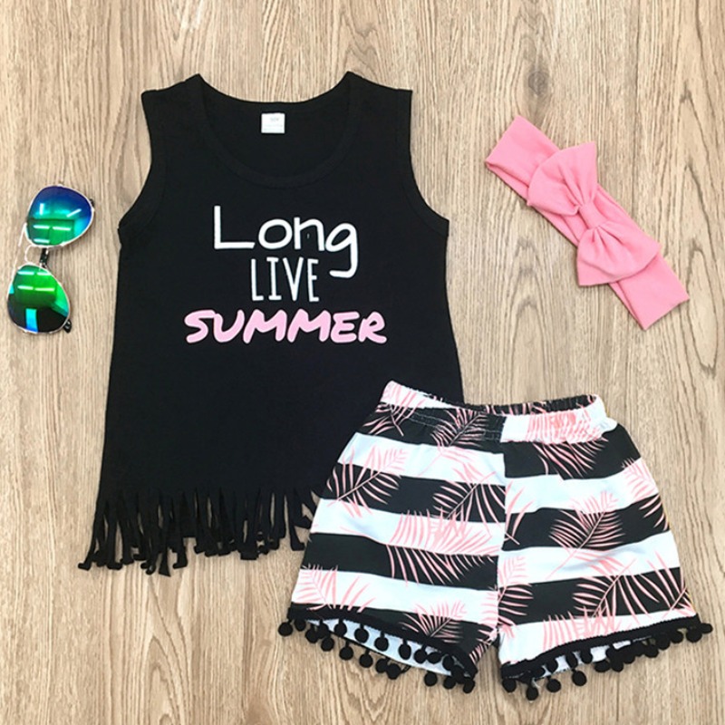 

lovely Casual O Neck Letter Print Black Girl Two-piece Shorts Set
