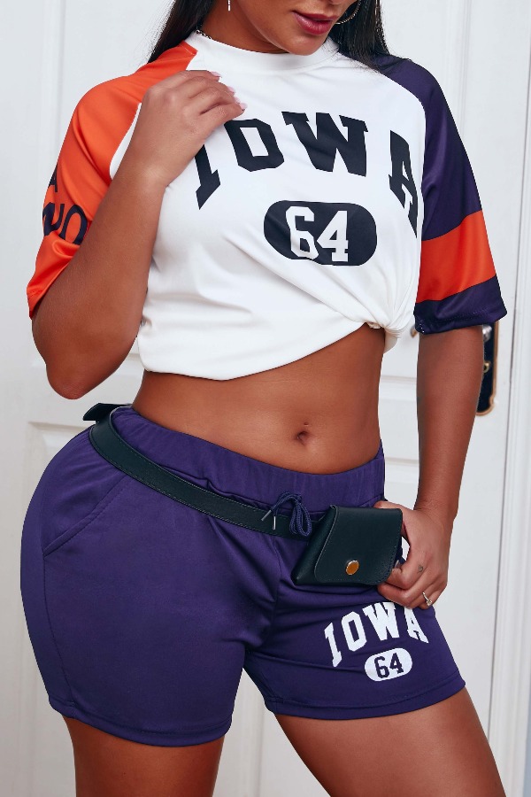 

lovely Casual Letter Print Purple Two-piece Shorts Set