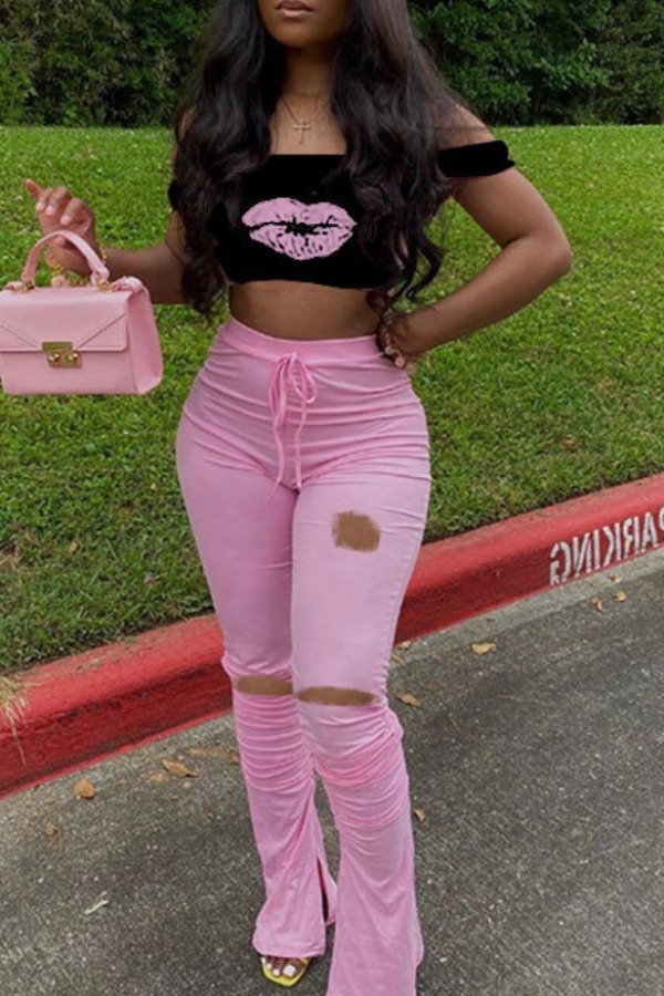 

lovely Casual Print Hollow-out Pink Two-piece Pants Set