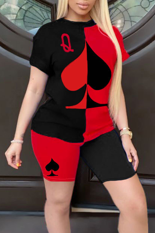 

Lovely Leisure O Neck Patchwork Red Plus Size Two-piece Shorts Set