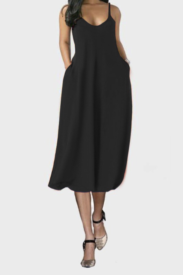 

lovely Casual V Neck Pocket Patched Black Mid Calf Dress