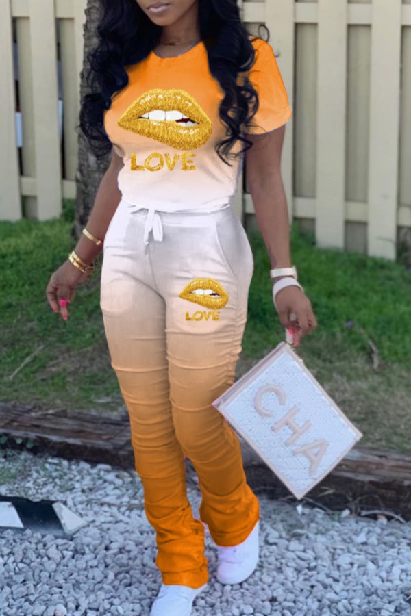 

lovely Casual Lip Print Orange Two-piece Pants Set