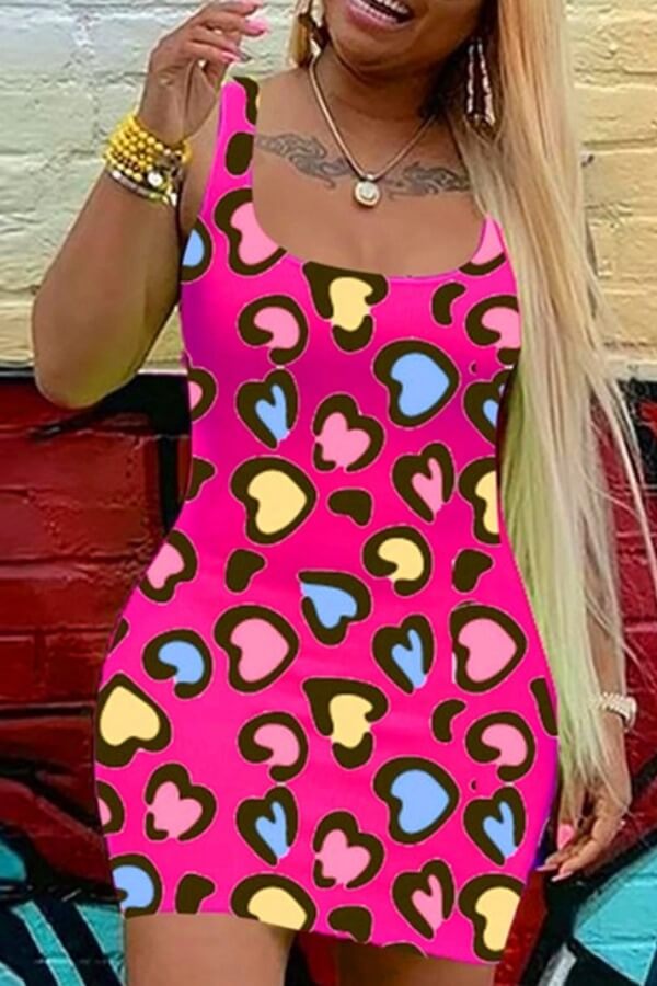 

Lovely Stylish U Neck Print Rose Red Mini Dress