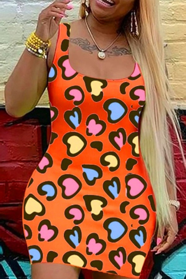 

lovely Stylish U Neck Print Orange Mini Dress