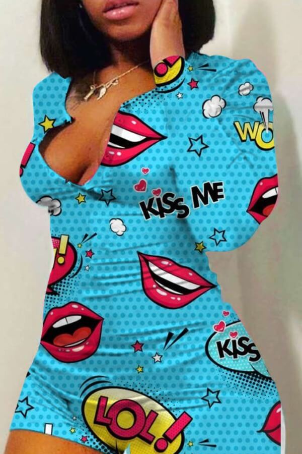 

LW Leisure Lip Print Skyblue One-piece Romper