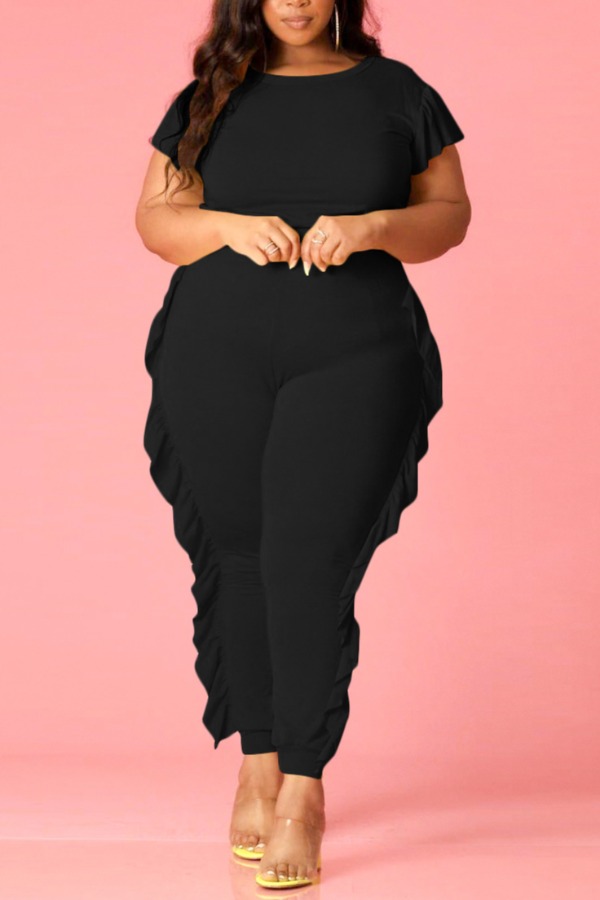 

lovely Casual Flounce Design Black Plus Size Two-piece Pants Set