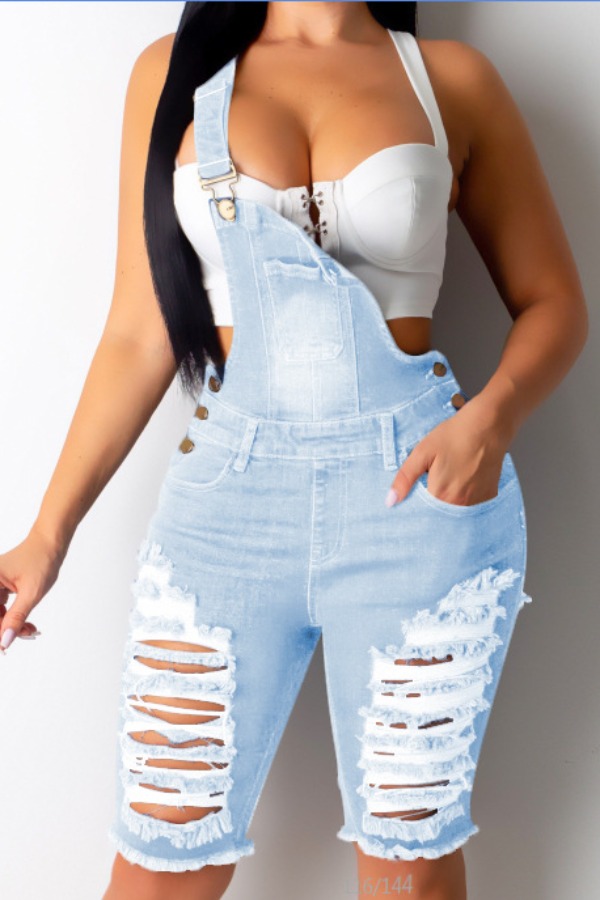 

lovely Stylish Broken Holes Baby Blue Denim One-piece Romper