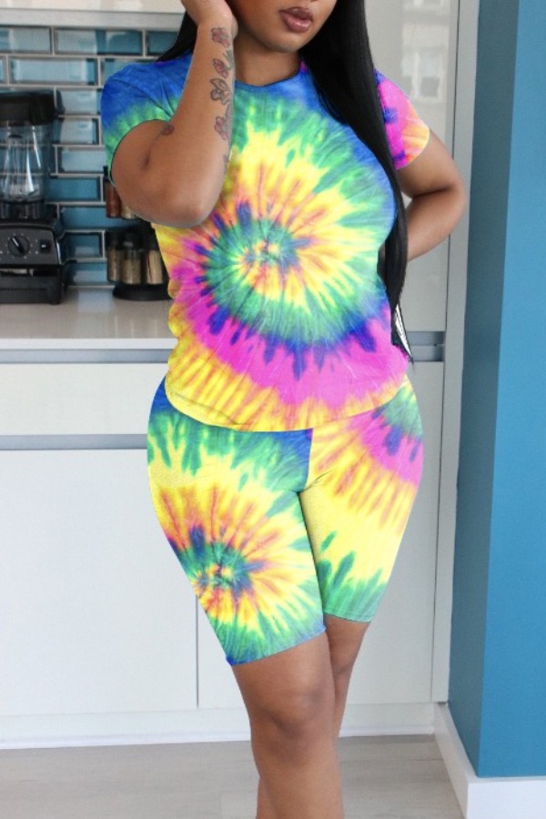 

lovely Casual O Neck Tie-dye Multicolor Two-piece Shorts Set, Multi