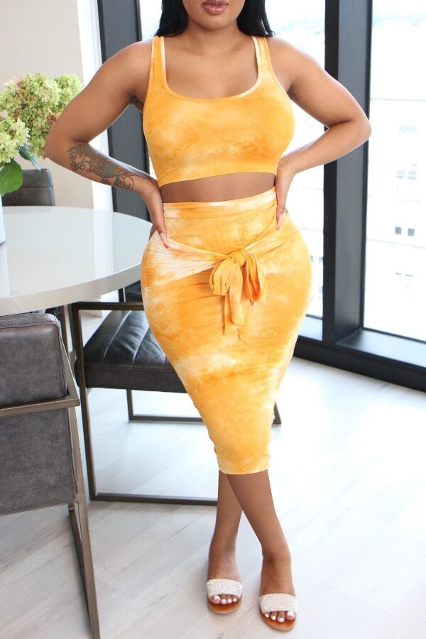 

LW Stylish Tie Dye Yellow Two Piece Skirt Set