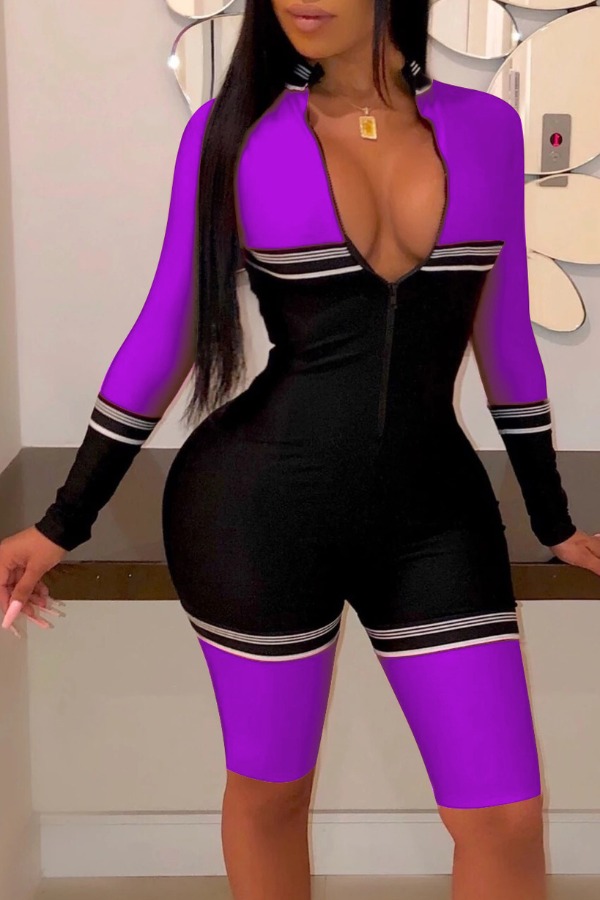 

lovely Sportswear Patchwork Zipper Design Purple One-piece Romper