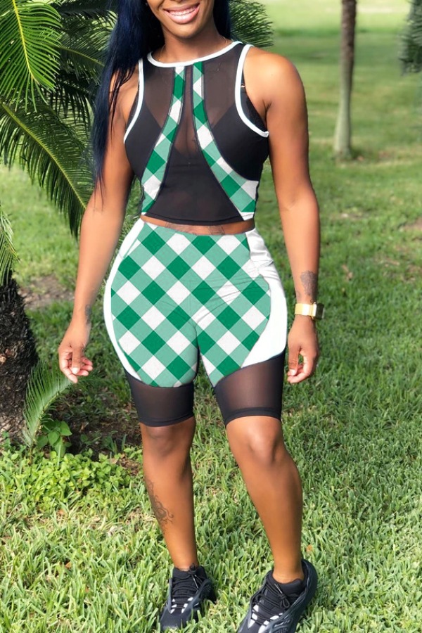 

lovely Trendy Grid Print Patchwork Green Two-piece Shorts Set