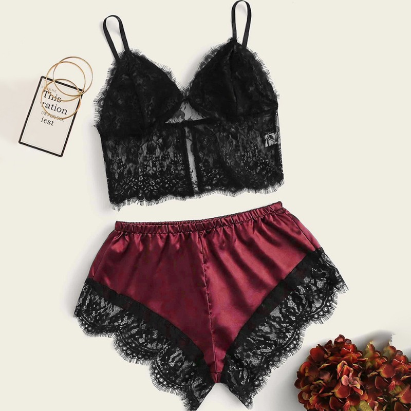 

lovely Sexy Lace Hem Wine Red Sleepwear