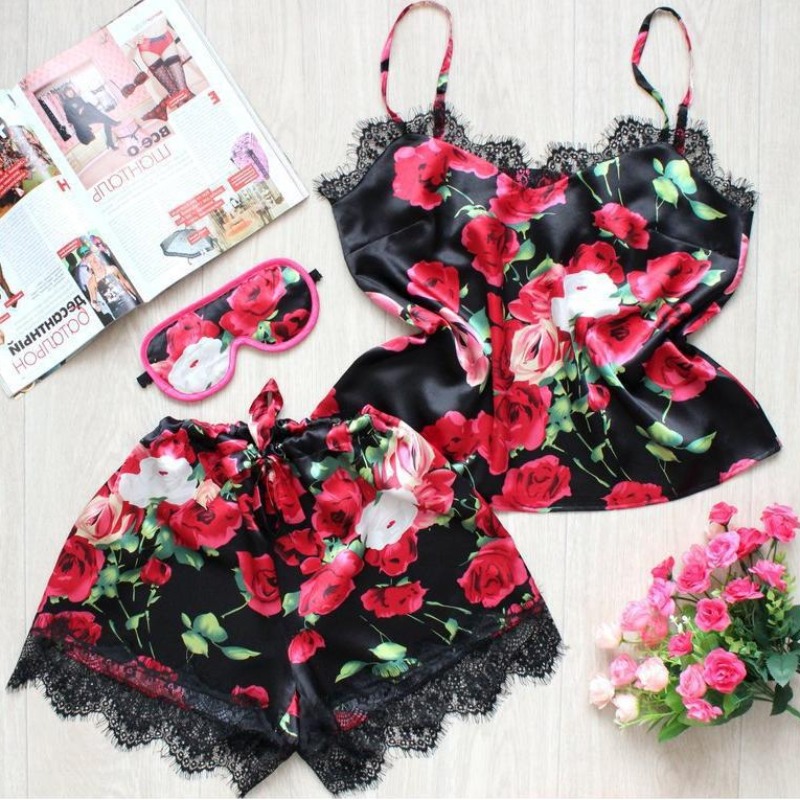 

lovely Sexy Print Lace Hem Red Sleepwear