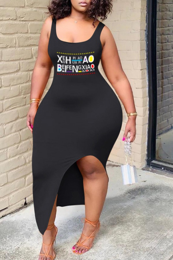 

lovely Casual Letter Print Black Mid Calf Plus Size Dress