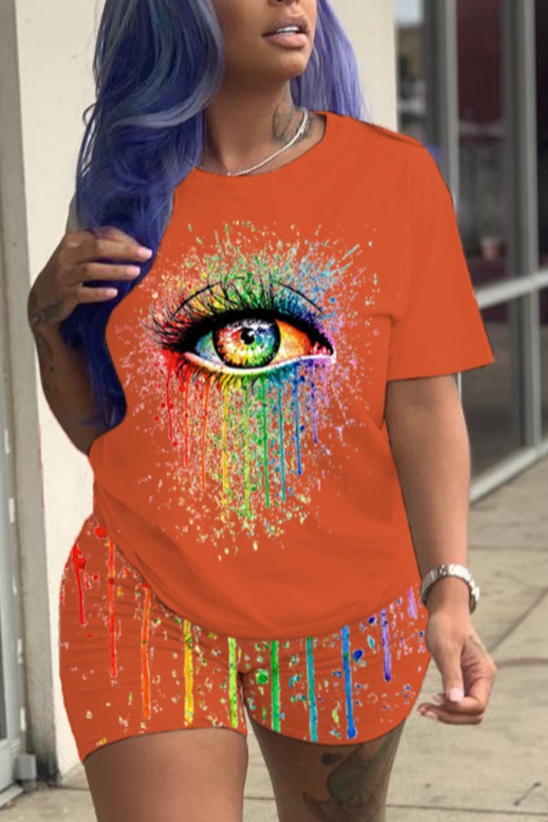 

Lovely Casual O Neck Eye Print Orange Plus Size Two-piece Shorts Set