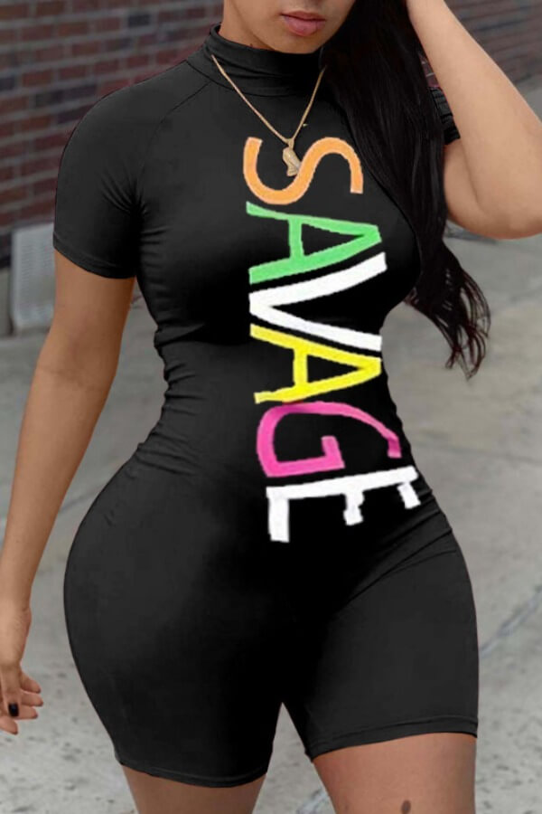 LW Plus Size Sportswear Letter Print Black One-piece Romper