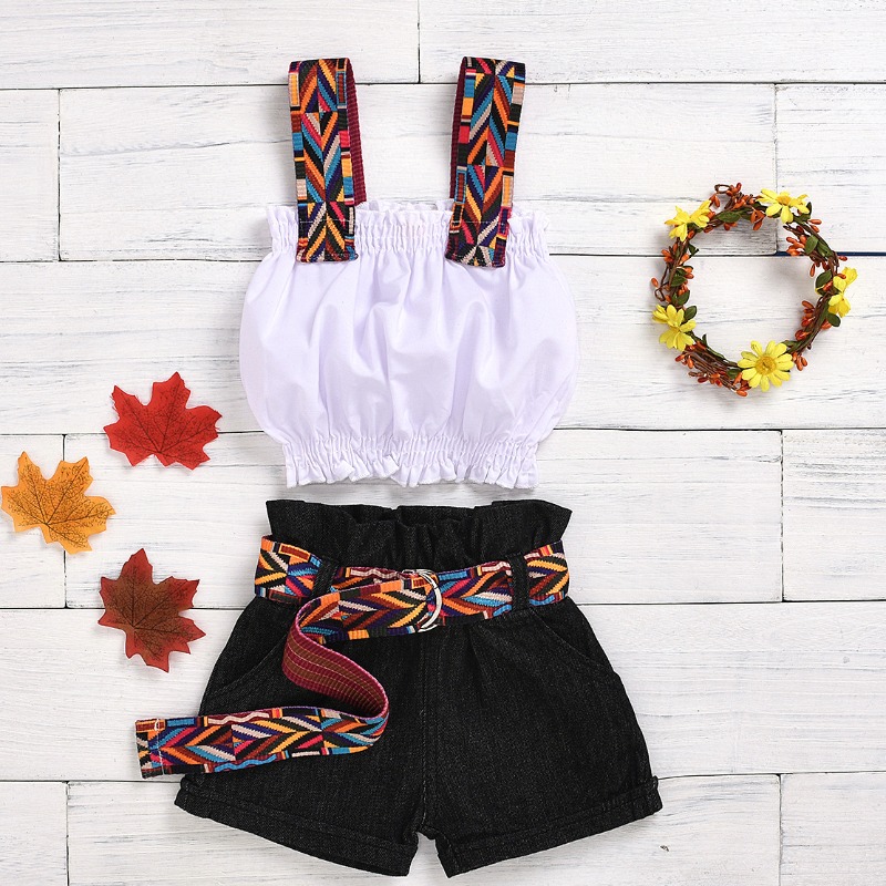 

lovely Ethnic Print Patchwork White Girl Two-piece Shorts Set