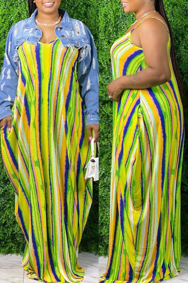 

lovely Bohemian Striped Print Yellow Maxi Plus Size Dress