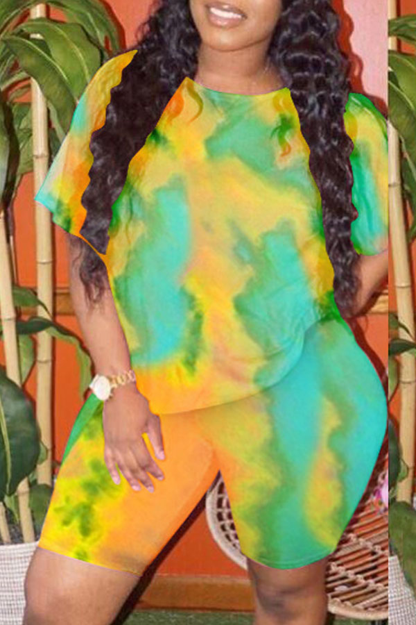 

lovely Trendy O Neck Tie-dye Yellow Plus Size Two-piece Shorts Set