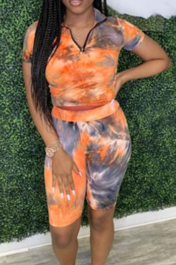 

lovely Casual Turndown Collar Tie-dye Fan Fare Two-piece Shorts Set