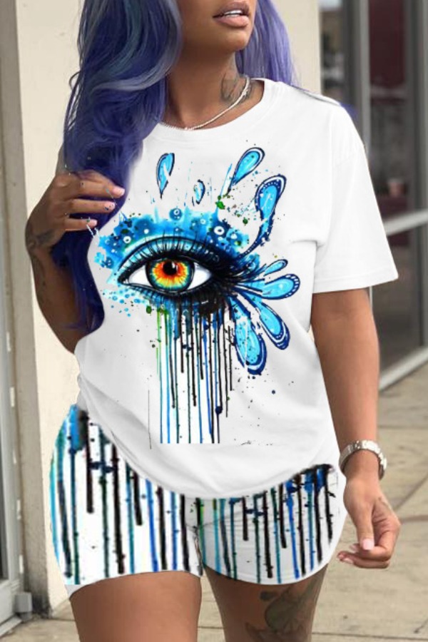 

lovely Street Eye Print Blue Two-piece Shorts Set
