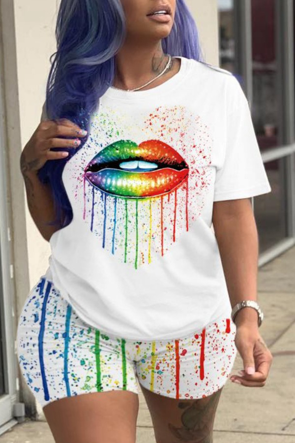 

Lovely Casual Lip Print White Plus Size Two-piece Shorts Set