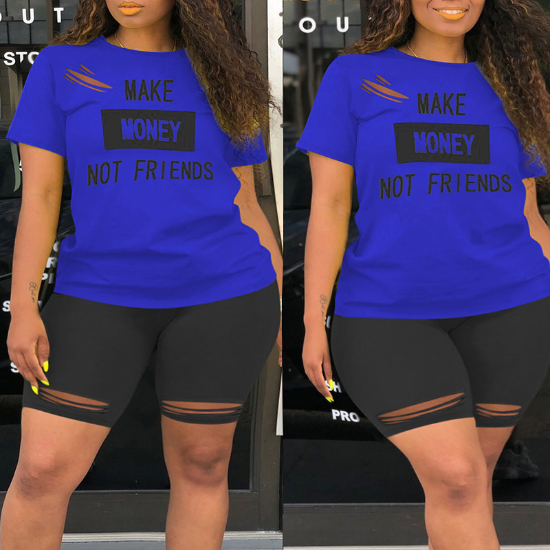 

Lovely Casual Letter Print Blue Plus Size Two-piece Shorts Set